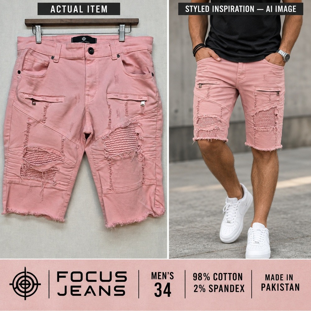 Focus Jeans Men's Sz 34 Pink Distressed Moto Biker Jean Shorts Urban‎ Streetwear